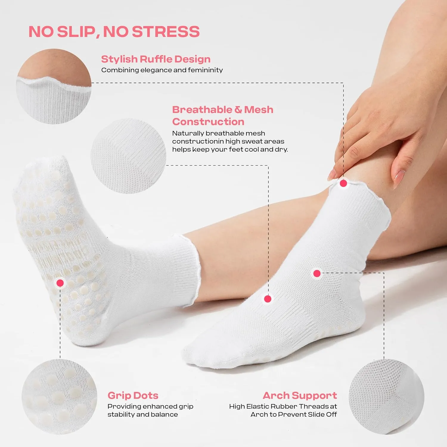 COOLMATE 3 Pairs Ruffle Pilates Socks with Grips for Women, Cute Non - Slip Crew Socks for Yoga, Barre, Lagree