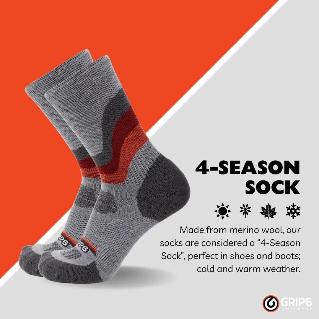 GRIP6 Crew Socks - Merino Wool Socks Made in the USA, Lightweight Wool Hiking Socks, Crew Socks for Men and Women