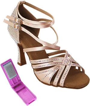 Very Fine Dance Shoes - Ladies Latin, Rhythm, Salsa, Waltz Ballroom Dance Shoes - S1006CC - 3-inch Heel and Foldable Brush Bundle - Flesh Satin - 7